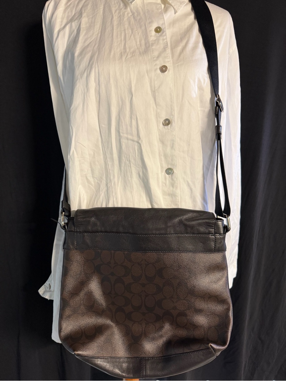 Coach Black Leather & Signature Canvas Messenger Bag - Picture 2 of 6